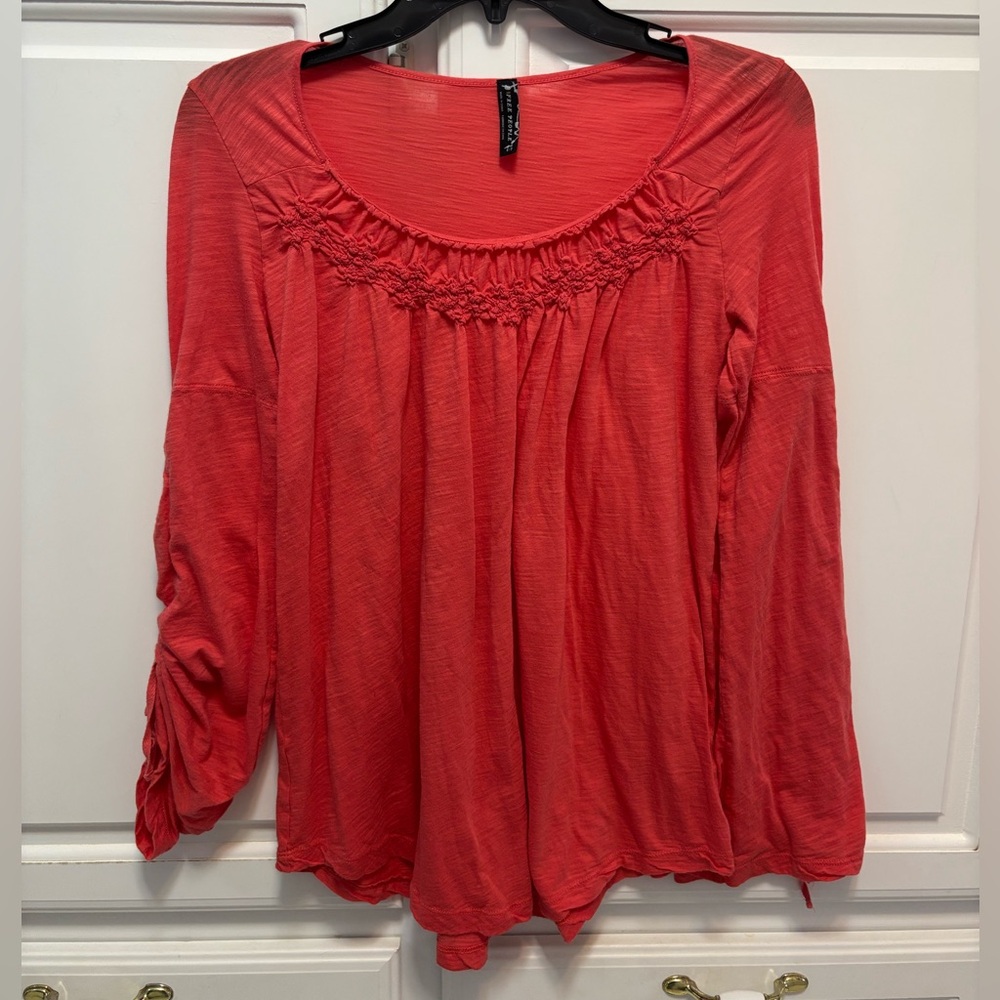 Free People Tie Sleeve Boho Peasant Top Blouse Coral Women’s Shirt Small